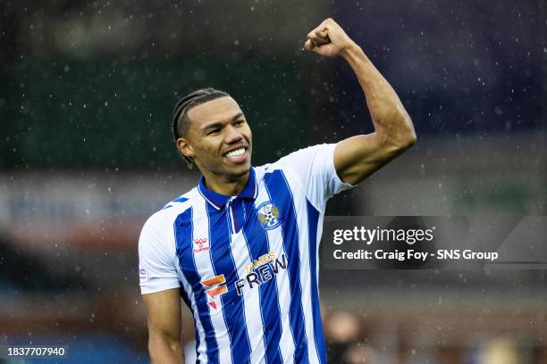 Kilmarnock's Corrie Ndaba celebrates at full time after a cinch Premiership match between Kilmarnock and Celtic at Rugby Park, on December 10 in...