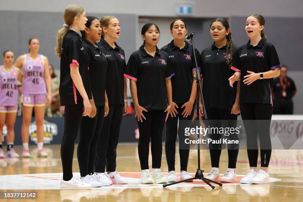 The Australian national anthem is performed during the WNBL match between Perth Lynx and Melbourne Boomers at Bendat Basketball Stadium, on December...