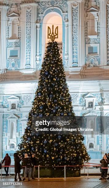 The main country’s Christmas tree sits at the Sophia Square on December 6, 2023 in Kyiv, Ukraine. Due to the fact that Ukraine has now changed to the...
