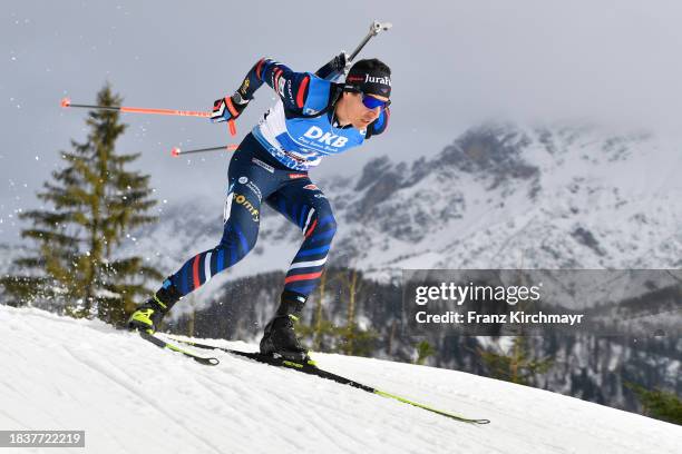 Quentin Fillon Maillet of France competes during the Men 4x7.5 km Relay at the BMW IBU World Cup Biathlon Hochfilzen on December 10, 2023 in...