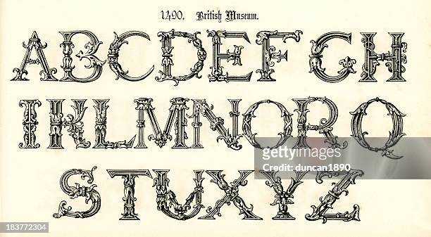 illustrazioni stock, clip art, cartoni animati e icone di tendenza di alfabeto in stile del xv secolo - q and a