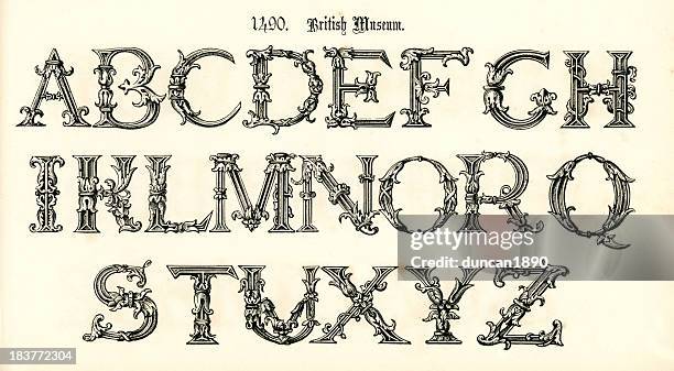 15th century style alphabet - calligraphy stock illustrations