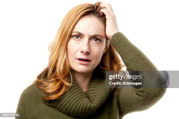 confused woman scratches head - scratching head stock pictures, royalty-free photos & images