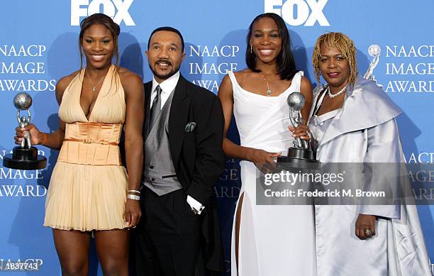 Serena Williams, Kweisi Mfume, Venus Williams and Oracene Williams attend the 34th Annual NAACP Image Awards at the Universal Amphitheatre on March...