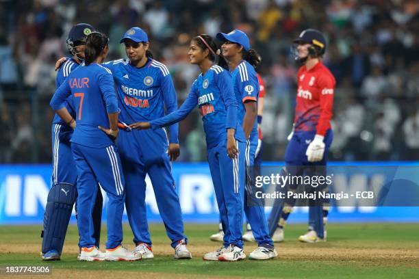 Shreyanka Patil of India celebrates the wicket of Bess Heath of England during the 3rd T20 International match between India Women and England Women...