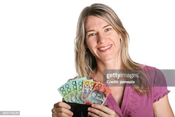 woman with australian money in purse on white background - life after stroke awards 2011 stock pictures, royalty-free photos & images