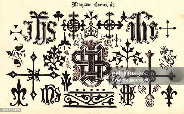 monograms and crosses - fleur de lys stock illustrations