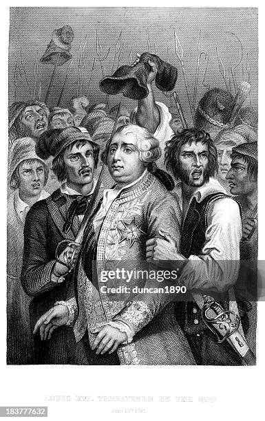 louis xvi threatened by the mob - louis xvi of france stock illustrations