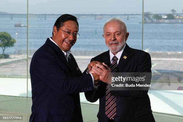 Brazilian President Luiz Inacio Lula da Silva poses for photographers with Luis Arce, President of Bolivia during the 63rd Summit of Heads of State...