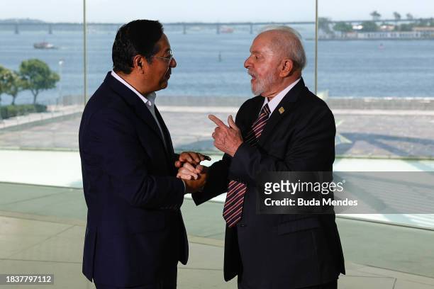 Brazilian President Luiz Inacio Lula da Silva greets Luis Arce, President of Bolivia during the 63rd Summit of Heads of State of Mercosur and...