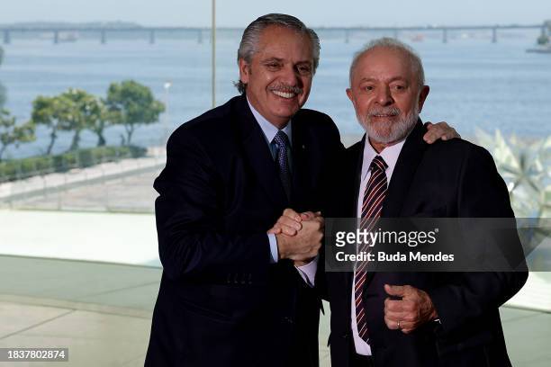 Brazilian President Luiz Inacio Lula da Silva poses for photographers with Alberto Fernandez, President of Argentina during the 63rd Summit of Heads...