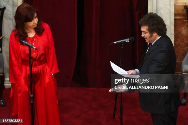 Argentina's new President Javier Milei takes oath next to Argentine outgoing Vice-President Cristina Fernandez de Kirchner during his inauguration...