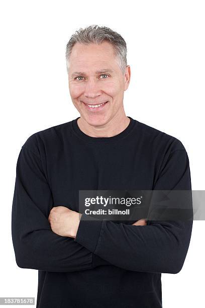 metà età uomo sorridente con camicia a maniche lunghe nero - long sleeved foto e immagini stock