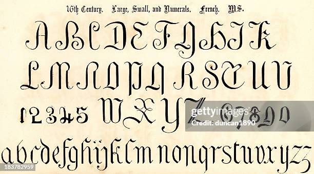 ilustrações de stock, clip art, desenhos animados e ícones de estilo do século 16 alfabeto script - caligrafia