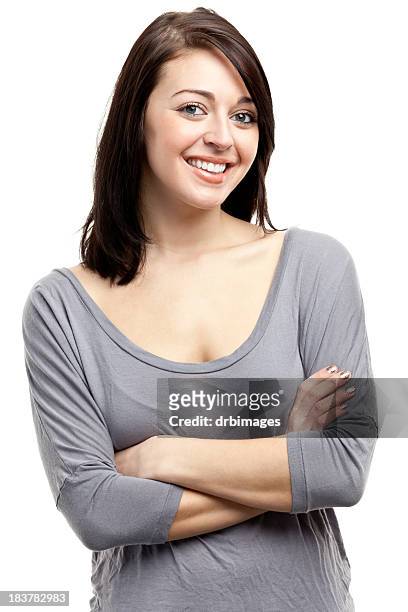 happy smiling young woman - gray shirt stock pictures, royalty-free photos & images