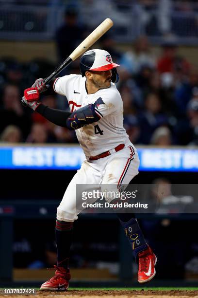 Carlos Correa of the Minnesota Twins takes an at-bat against the Tampa Bay Rays in the seventh inning at Target Field on September 12, 2023 in...