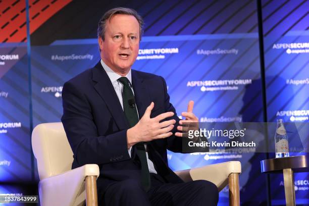 United Kingdom Foreign Secretary David Cameron speaks at the Aspen Security Forum on December 07, 2023 in Washington, DC. Cameron spoke on the need...