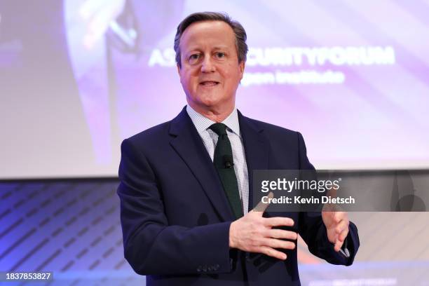 British Foreign Secretary David Cameron speaks at the Aspen Security Forum on December 07, 2023 in Washington, DC. Cameron spoke on the need to...