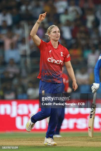 Freya Kemp of England celebrates the wicket of Shafali Verma of India during the 3rd T20 International match between India Women and England Women at...