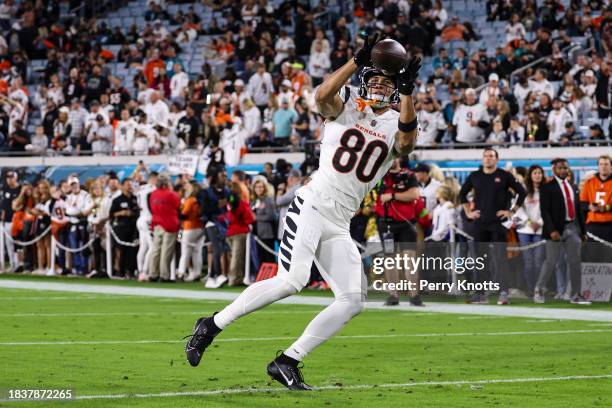 Andrei Iosivas of the Cincinnati Bengals warms up prior to an NFL football game against the Jacksonville Jaguars at EverBank Stadium on December 4,...