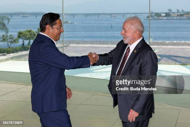 Brazilian President Luiz Inacio Lula da Silva greets Luis Arce, President of Bolivia during the 63rd Summit of Heads of State of Mercosur and...