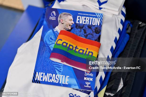 General view of a rainbow laces armband at Goodison Park before the Premier League match between Everton FC and Newcastle United at Goodison Park on...