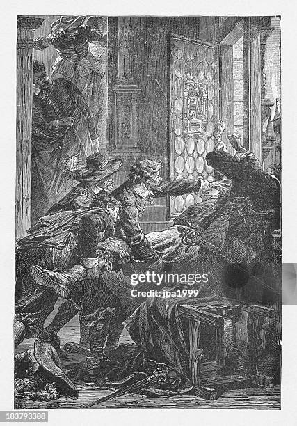 19th century illustration jesuit martinitz throwed out of the window - guy-throwing-out-garbage-drawing stock illustrations
