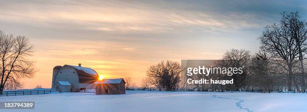 panoramic winter landscape - farm sunset stock pictures, royalty-free photos & images