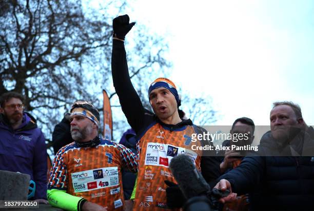 Kevin Sinfield speaks to the media as he Finishes His Ultra 7 In 7 In 7 Marathon Challenge at The Mall In London on December 07, 2023 in London,...