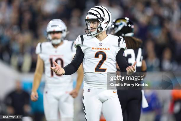 Evan McPherson of the Cincinnati Bengals reacts during an NFL football game against the Jacksonville Jaguars at EverBank Stadium on December 4, 2023...