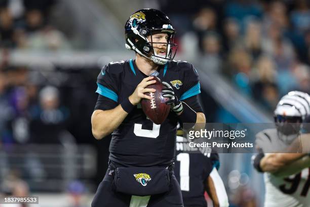 Beathard of the Jacksonville Jaguars drops back to pass during an NFL football game against the Cincinnati Bengals at EverBank Stadium on December 4,...