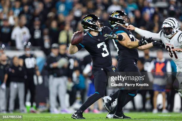 Beathard of the Jacksonville Jaguars throws the ball during an NFL football game against the Cincinnati Bengals at EverBank Stadium on December 4,...