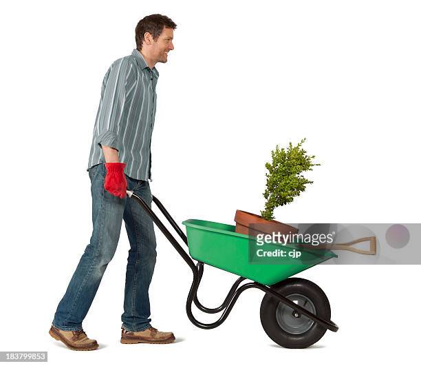 gardener with wheelbarrow on white background - wheelbarrow stock pictures, royalty-free photos & images