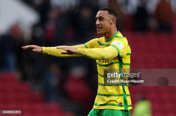 Adam Idah of Norwich City acknowledges the fans as he celebrates after defeating Bristol City during the Sky Bet Championship match between Bristol...