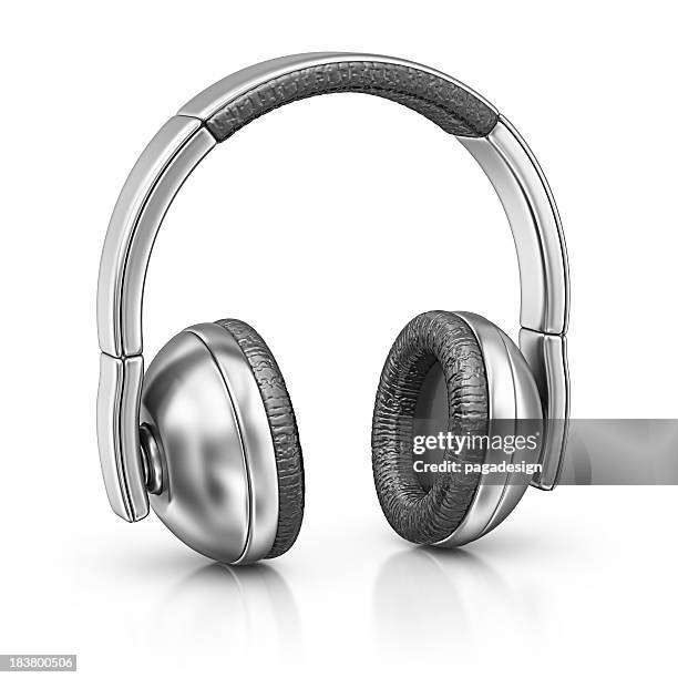 silver kopfhörer auf weißem hintergrund - kopfhörer freisteller stock-fotos und bilder
