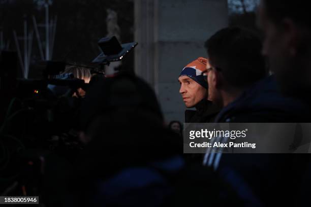 Kevin Sinfield speaks to the media as he Finishes His Ultra 7 In 7 In 7 Marathon Challenge at The Mall In London on December 07, 2023 in London,...
