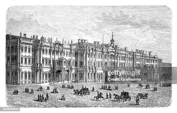 engraving of the winter palace in saint petersburg russia 1870 - st petersburg russia stock illustrations
