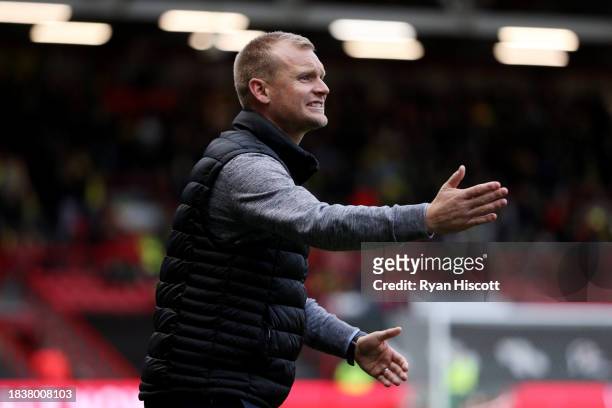 Liam Manning, Head Coach of Bristol City, gives instructions during the Sky Bet Championship match between Bristol City and Norwich City at Ashton...