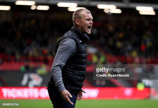 Liam Manning, Head Coach of Bristol City, reacts during the Sky Bet Championship match between Bristol City and Norwich City at Ashton Gate on...