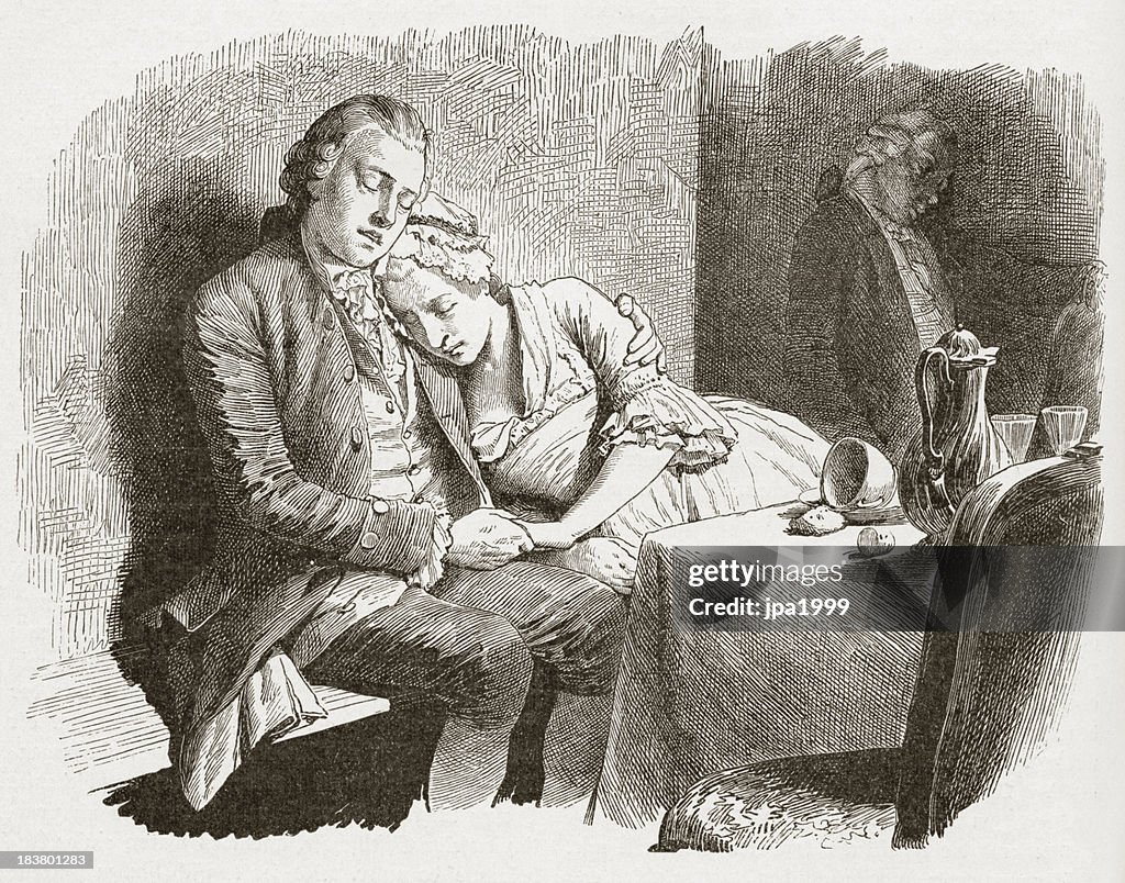19th century illustration of couple sleeping at the table