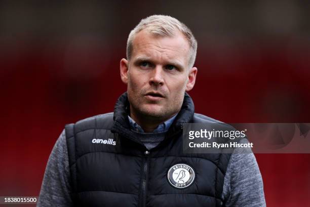 Liam Manning, Head Coach of Bristol City, looks on during the Sky Bet Championship match between Bristol City and Norwich City at Ashton Gate on...