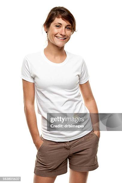 happy smiling young woman three quarter length portrait - korte mouwen stockfoto's en -beelden