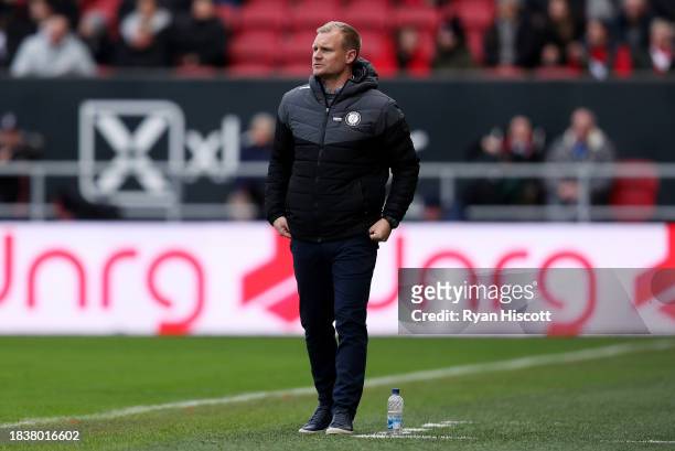 Liam Manning, Head Coach of Bristol City, looks on during the Sky Bet Championship match between Bristol City and Norwich City at Ashton Gate on...