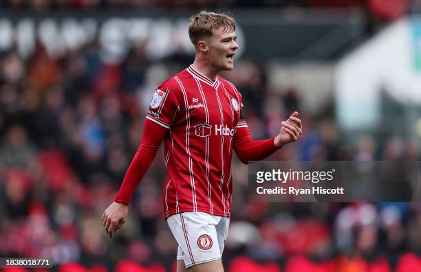 Tommy Conway of Bristol City gestures during the Sky Bet Championship match between Bristol City and Norwich City at Ashton Gate on December 03, 2023...