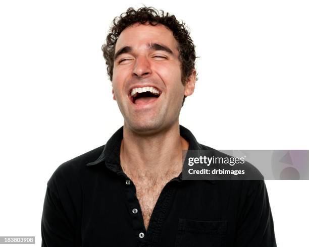 man wearing black shirt laughing with eyes shut - man smiling eyes closed stock pictures, royalty-free photos & images