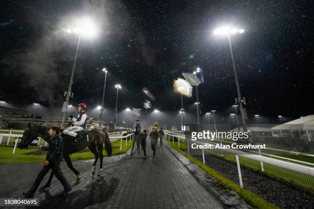 General view as runners return after The Racing Is Everyone's Sport Restricted Maiden Stakes on a wet evening at Chelmsford City Racecourse on...