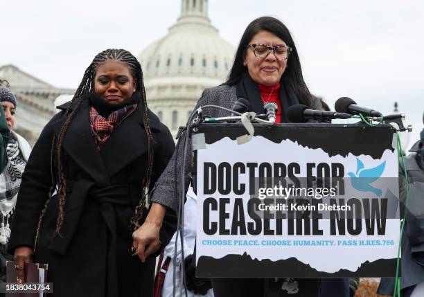 Rep. Rashida Tlaib and Rep. Cori Bush speak at a press conference on the Israel-Hamas war outside of the U.S. Capitol on December 07, 2023 in...