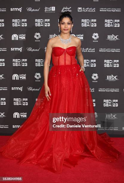 Jury member Freida Pinto attends the red carpet on the closing night of the Red Sea International Film Festival 2023 on December 07, 2023 in Jeddah,...