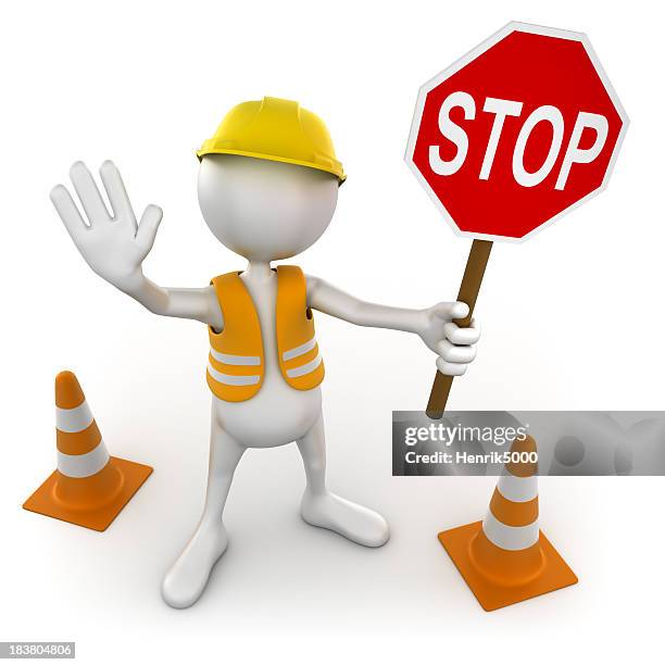 3 d costruction trabajador con la señal de pare (stop), aislado con trazado de recorte - representación humana fotografías e imágenes de stock