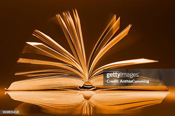 book fanned open on desk with motion blur between pages - old book cover stock pictures, royalty-free photos & images